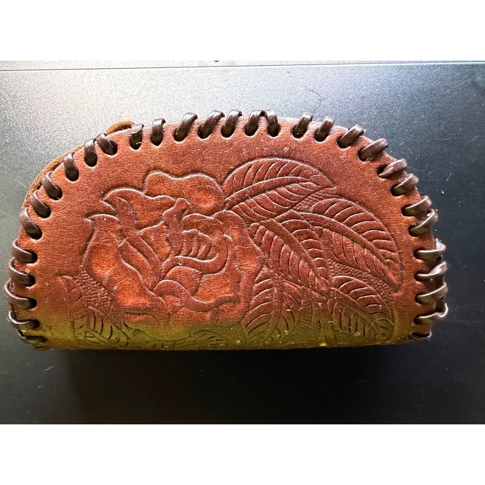 Vintage Hand Tooled Leather Rose Coin Purse Brown Whipstitch Talon Zip Wallet